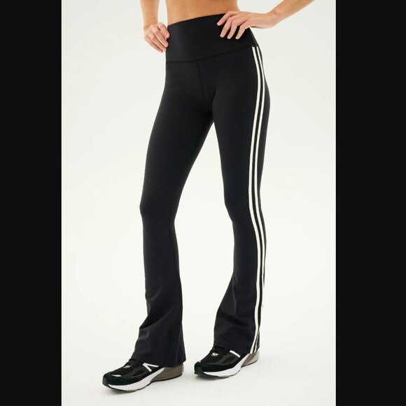Splits59 Raquel High Waisted Supplex Flare Leggings Black White Stripe 32" Large - Picture 1 of 9